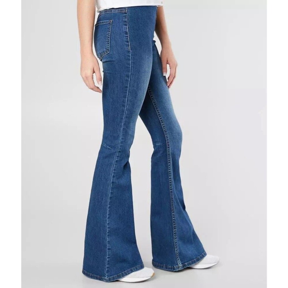NWT Newbury Kustom Womens Flare Jeans Blue Elastic Waist Bell Bottoms Size L